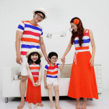 2012the couple pig 新款亲子装夏装彩虹条家庭装 母女装短袖裙子