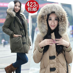 2011时尚新款女式冬装外套韩版休闲中长款修身带帽大毛领羽绒服