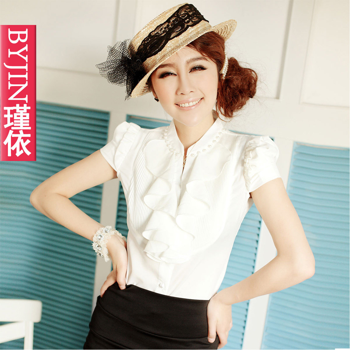 2012夏装新款韩国钉珠ol荷叶边泡泡袖雪纺衬衫女短袖修身职业衬衣