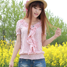 淘宝网2012夏装新款 荷叶边 碎花 淑女短袖 雪纺衫