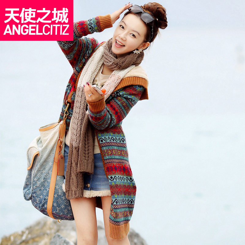 韩版羊羔绒<em>中长款</em>加厚连帽修身女<em>毛线开衫</em>外套