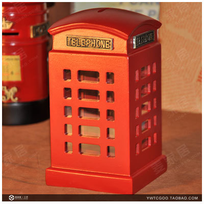 复古怀旧英伦电话亭储蓄罐模型 存钱罐 创意家居摆件 原木小号