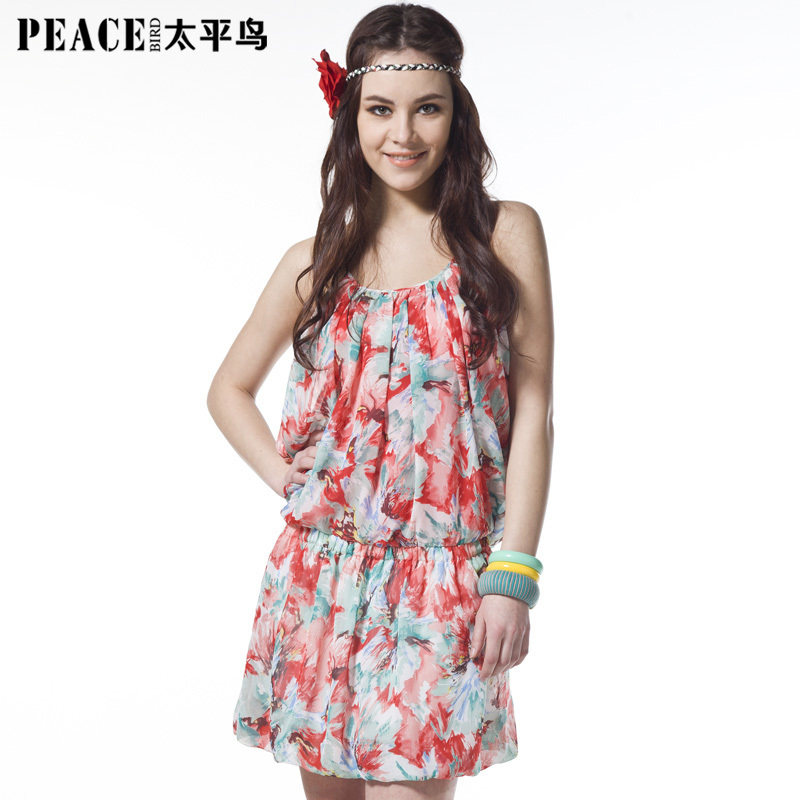2012正品夏装新款太平鸟女装 <span class=H>JEANS</span>系列雪纺吊带连衣裙AL1120738