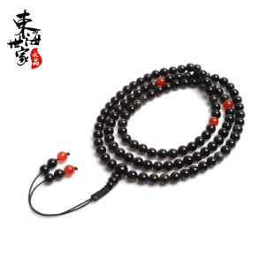  东海世家 天然黑曜石手链正品 108颗佛珠手链 红玛瑙隔珠 男女款