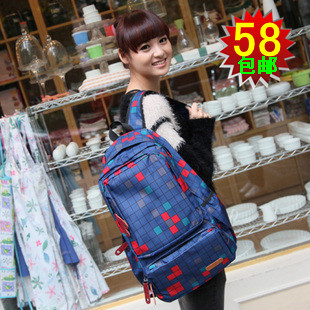  包邮新款韩版双肩包撞色格子电脑背包大容量旅行包男生女式背包潮