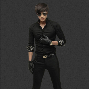 特价春秋韩版男士修身衬衫男式长袖衬衣时尚休闲男装黑色高领上衣