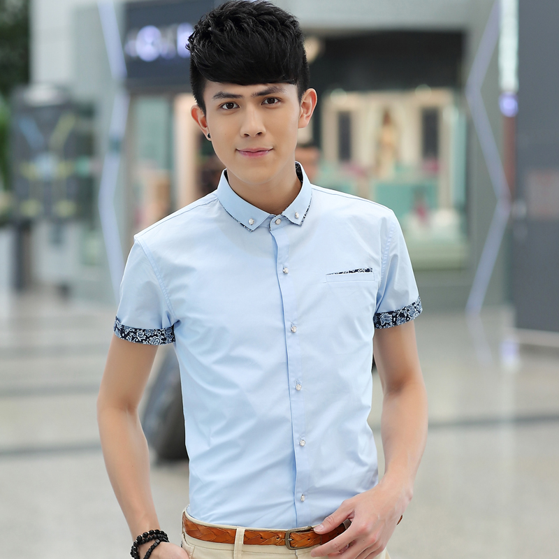 克迪斯顿2014夏季新款韩版修身男士短袖衬衫青少年休闲短潮男衬衣