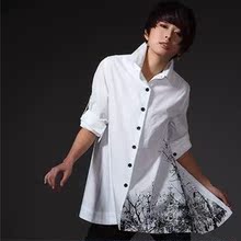 茵曼2010新春装女装 原创设计水墨树枝画印花长款休闲女衬衣B8808