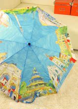 橙子家!TOTES兰色天空八国风景3折叠伞UV紫外线油画自动伞晴雨伞