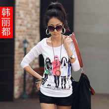 韩丽都 2012春装 新款女装 韩版圆领印花长袖大码打底衫 t恤83005