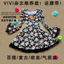 VIVI杂志款2011新款复古气质甜美花朵蕾丝边喇叭袖连衣裙~送腰带