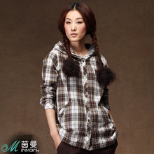 INMAN茵曼2012新款春装纯棉淑女夹棉格子衬衫厚 格衬衣 女 B10169