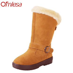  断码清仓 秋冬女靴子厚底靴平底雪地靴牛皮保暖中筒松糕棉靴