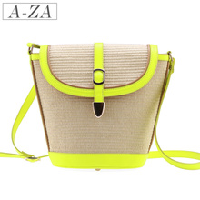 AZA阿札2012夏季包包新款潮女包荧光色草编包水桶包斜挎包8022