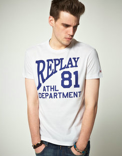 Replay - Replay college 白色面蓝色文字短袖T恤