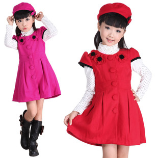  女童秋冬装连衣裙 新年装红色韩版儿童春装公主裙子送帽子 3956