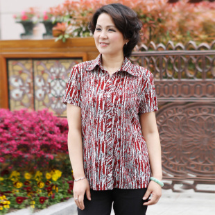  莎瑞品牌服装 老年妈妈装 中老年女装 夏装新款条子短袖衬衫