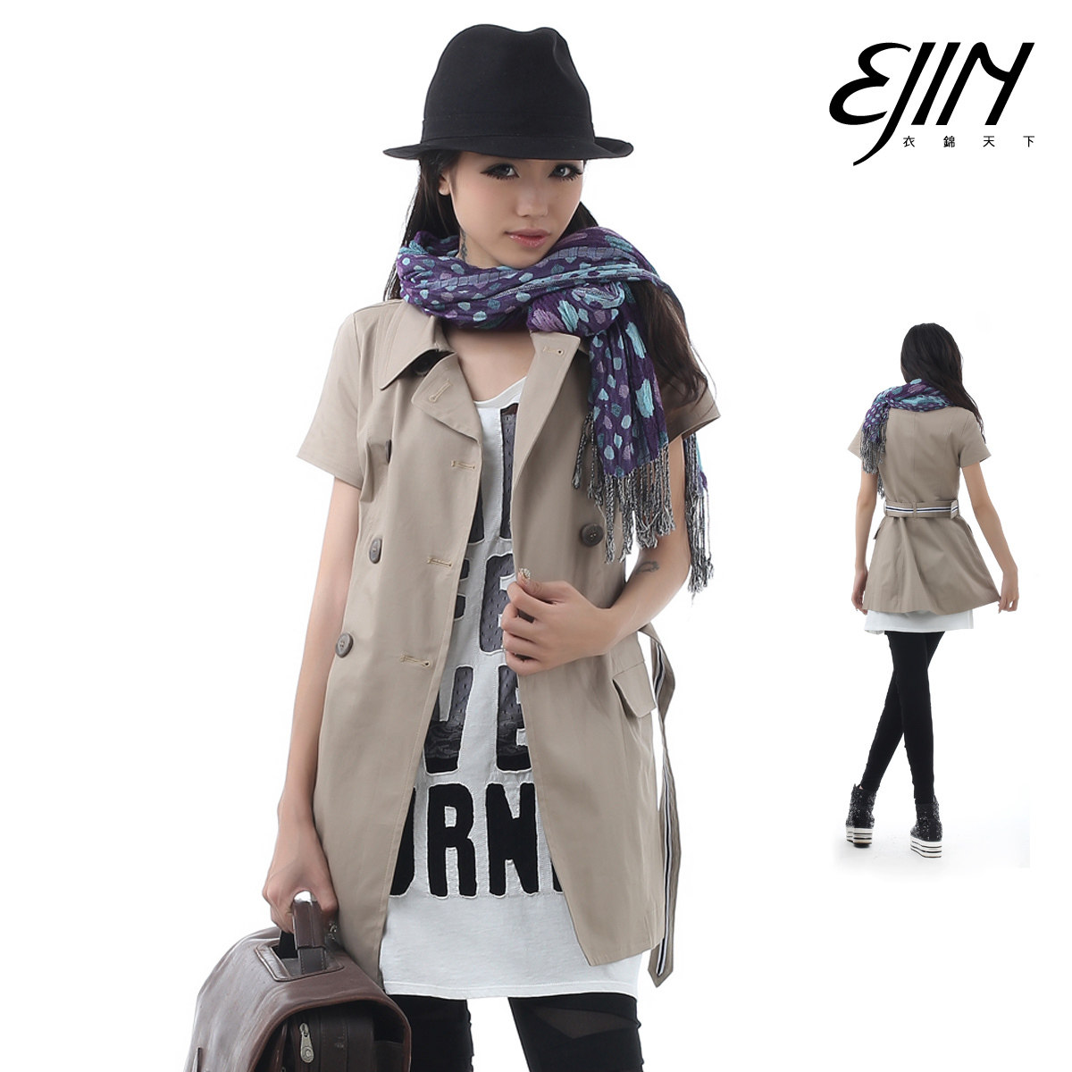 2012秋季新款短袖卡其色色显瘦修身型韩版风衣<span class=H>女</span>装休闲<span class=H>外套</span>