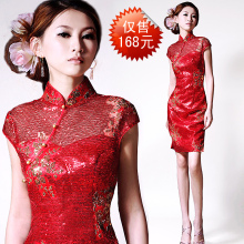 赛美婚纱亮片包臀红色短款中式蕾丝旗袍改良时尚夏 旗袍结婚礼服
