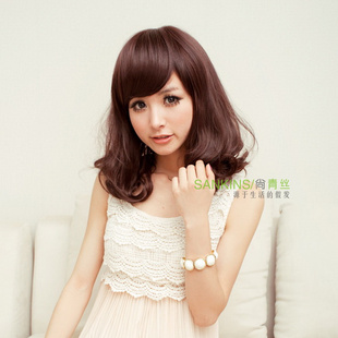 Female short hair curly hair wig long fluffy black hair wigs girls Bobo slanting fringe flower head