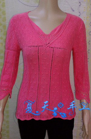 <em>手工毛衣</em>棒针<em>编织</em>女款<em>缕空</em>叶子花七分袖上衣-