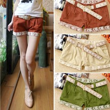2012新品韩版女春季夏天装糖果色蕾丝大码卷边休闲显瘦<span class=H>短靴</span>热<span class=H>裤</span>子