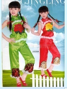 儿童红色绿色秧歌全扣民族舞蹈演出服装扇子舞