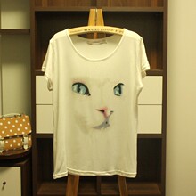 VIVI外贸原单立体波斯猫咪 莫代尔打底百搭基本宽松短袖T恤衫/TEE
