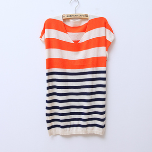 Spring/summer 2012 new striped etched thin round neck sleeveless knitted long sleeve knit shirt in WX878