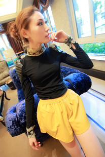  SUKI SHOP 欧美淑女风 PU皮叠肩蕾丝半高领雪纺衫 秋冬款2713
