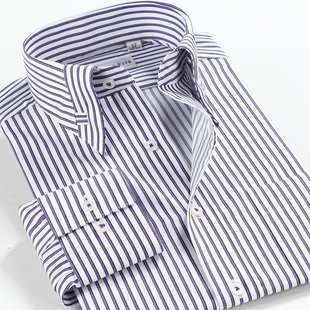  [SmartFive]紫色条纹衬衫男士长袖全棉商务休闲暗扣领修身衬衣男