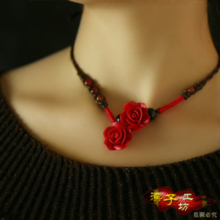  漠子工坊玫瑰花朵项链女民族风复古饰品中国风颈链新娘短款锁骨链