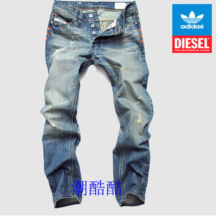  特价新款阿迪达斯三叶草休闲牛仔长裤 diesel时尚直筒男裤子破洞