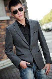  男西装 新款 男士高档羊毛呢西装 灰色/黑色修身休闲男西服
