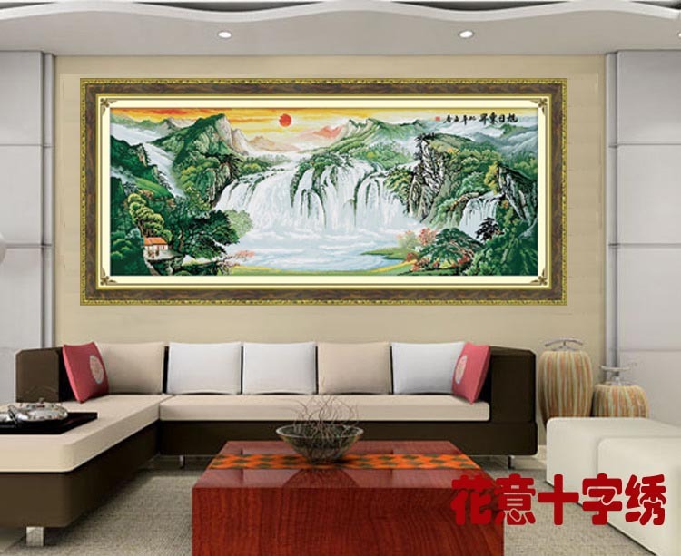 机绣十字绣成品旭日东升全景山水风景画流水生财刺绣画电脑绣成品