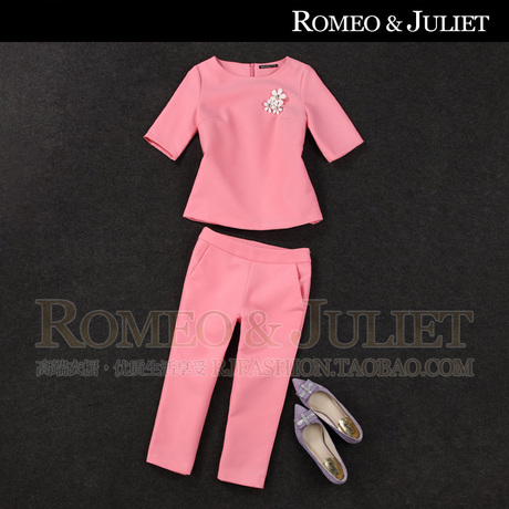 【罗家精品】2014春夏女装新款 粉色短袖上衣+七分裤纯色两件套装