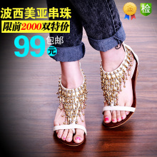 2012新品 波西米亚流苏串珠人字夹脚趾罗马中跟 坡跟凉鞋 女3uu04