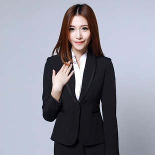  THE OL SHOP 春装新款 青果领修身小西装 黑色女士长袖职业装