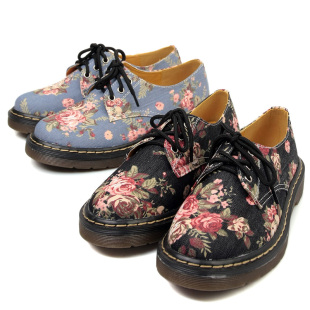  春季新品欧美复古绣花文艺范牛仔布绑带低帮马丁靴女牛津鞋