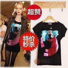 加大码女装夏装胖mm2012 新品韩版时尚显瘦蝴蝶结亮片新款短袖T恤