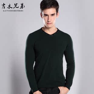  送围巾 山羊绒衫春款 男士V领纯色绿色时尚休闲修身薄款羊毛衫