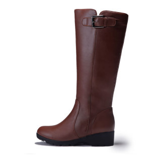  淘金币 秋冬新款真皮特大码女靴40-43坡跟防水台高筒长靴子