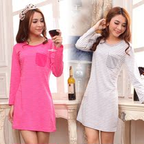 Shallow rest 2012 stripes night skirt woman cotton Home Jersey long sleeve cotton knit Pajamas in autumn and winter special package mail
