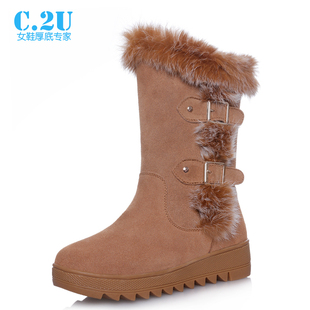  年终大促c2u正品真皮雪地靴防水兔毛靴中筒靴防滑平底休闲女靴子