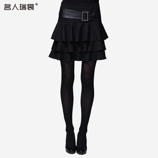 名人瑞裳冬季新款女装拼皮A型荷叶边毛呢塔群半身裙12899