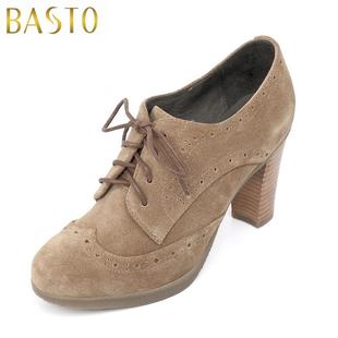  Basto/百思图绒牛皮TQU20D女单鞋 秋新款粗跟高跟英伦女鞋