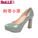 2012百丽正品防水台圆头漆皮单鞋粗跟高跟鞋真皮女鞋子 清仓特价