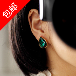  绿水晶韩版假耳钉耳环U型螺旋耳夹无耳洞韩国气质女OL饰品★包邮