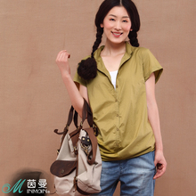 INMAN茵曼2012夏装新款翻领长款拼布纯色纯棉女士短袖衬衫 B10044