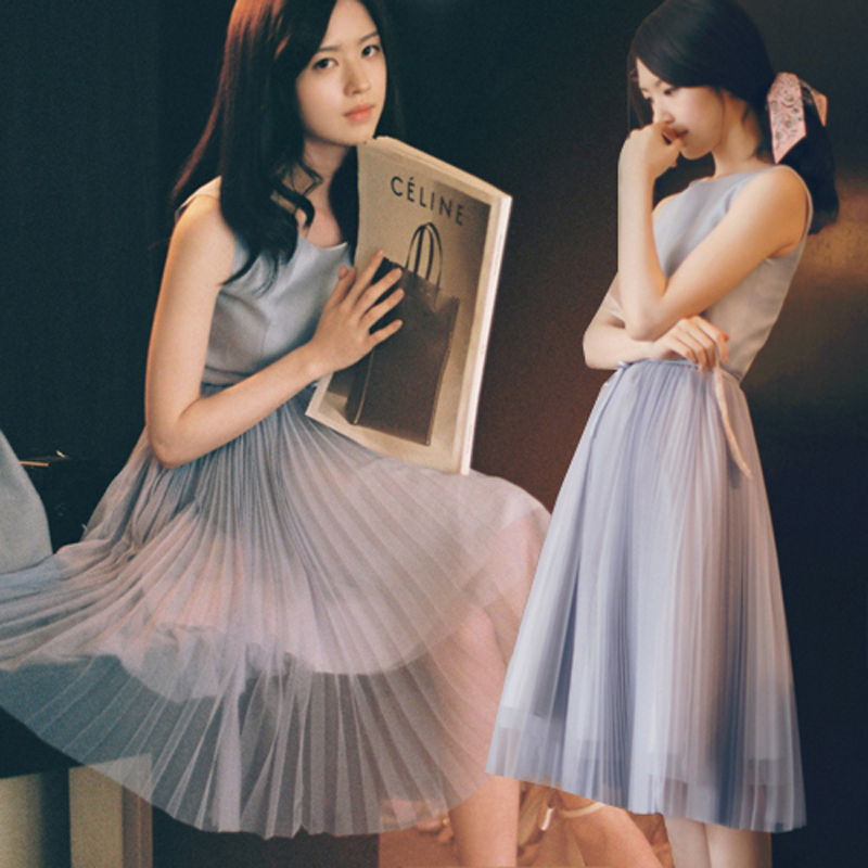 【裙子】2014夏季新款女装韩版裙子无袖百褶真丝雪纺长裙气质仙女连衣裙
